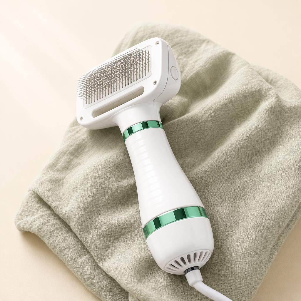 2-in-1 dryer and brush on a towel